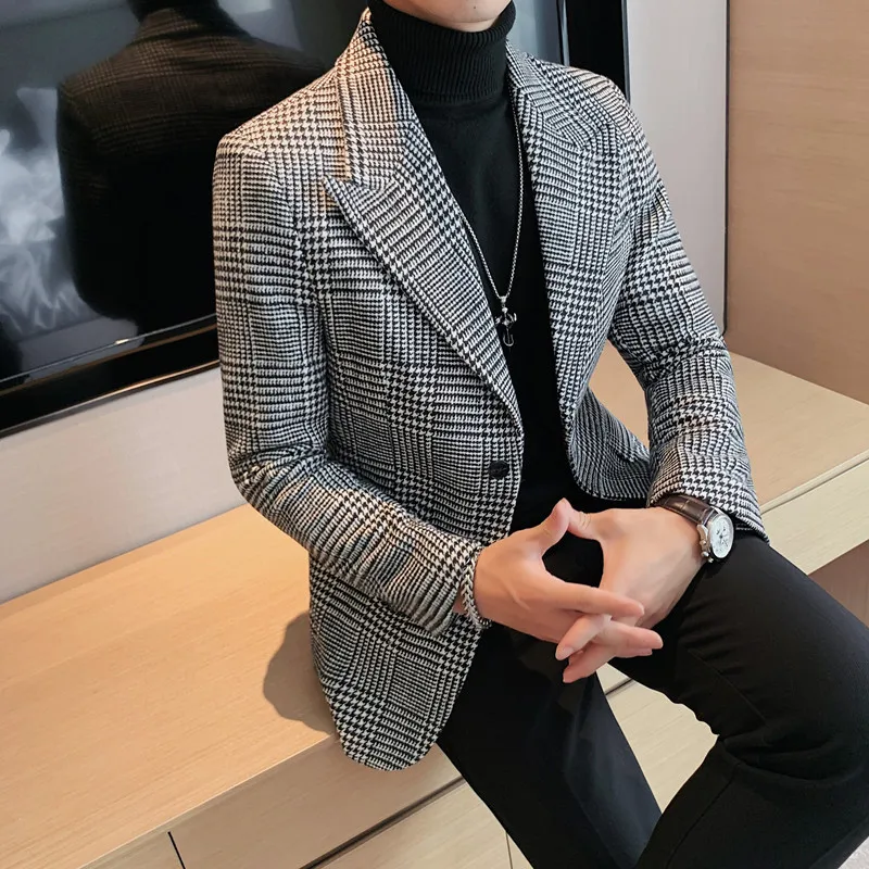 

2022 Autumn Winter Men's New Plaid Woolen Suit Coats Male Business Casual Blazers Jackets Men Thick Single Breasted Outwear O925