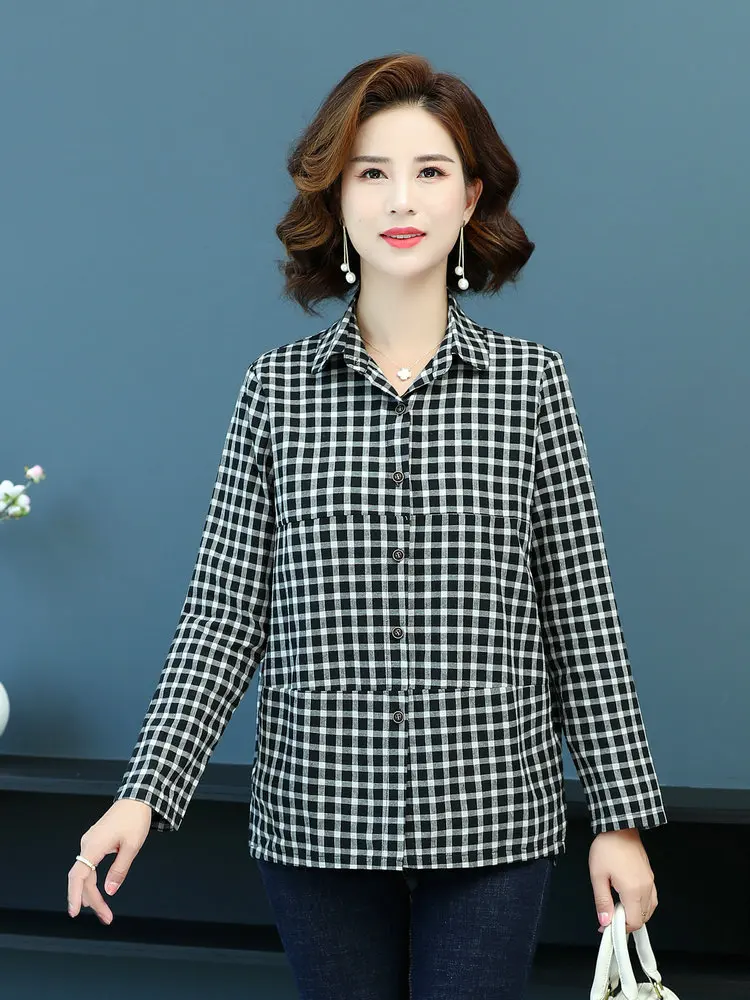 Рубашка женская клетчатая с отложным воротником и длинным рукавом из хлопка |