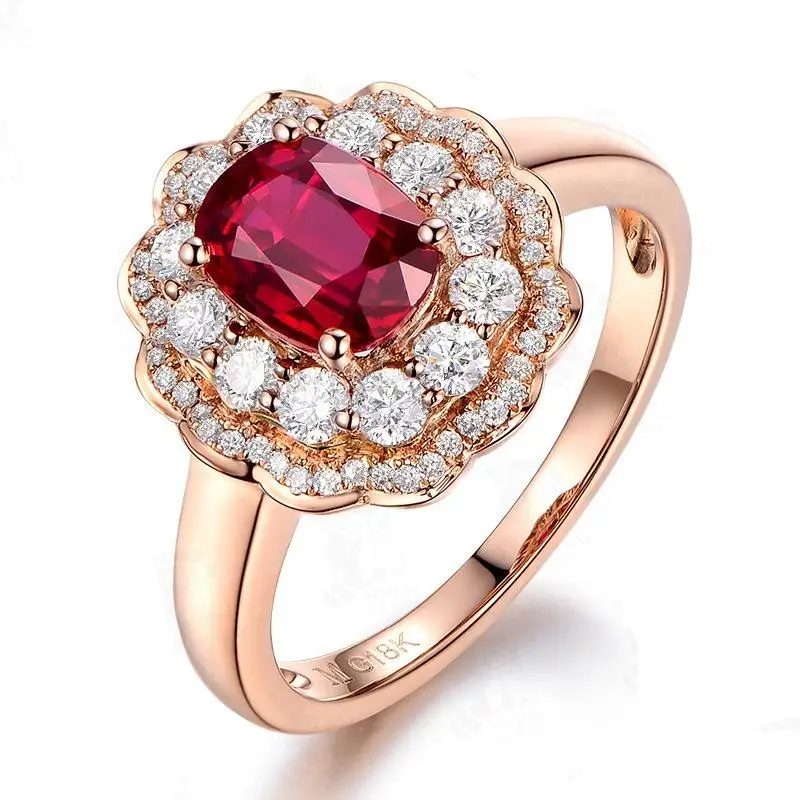 HOYON Pure 18K rose gold color new pigeon blood red flower color treasure open ring female live mouth ring jewelry for wedding