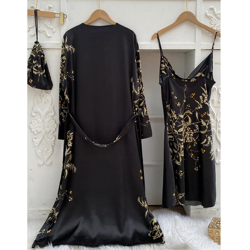 Cherry Print Women's Bathrobe Suit 2 Pcs Satin Autumn Ladies Pajama Set Robe And Nightdress Ice Silk Nightwear For Female