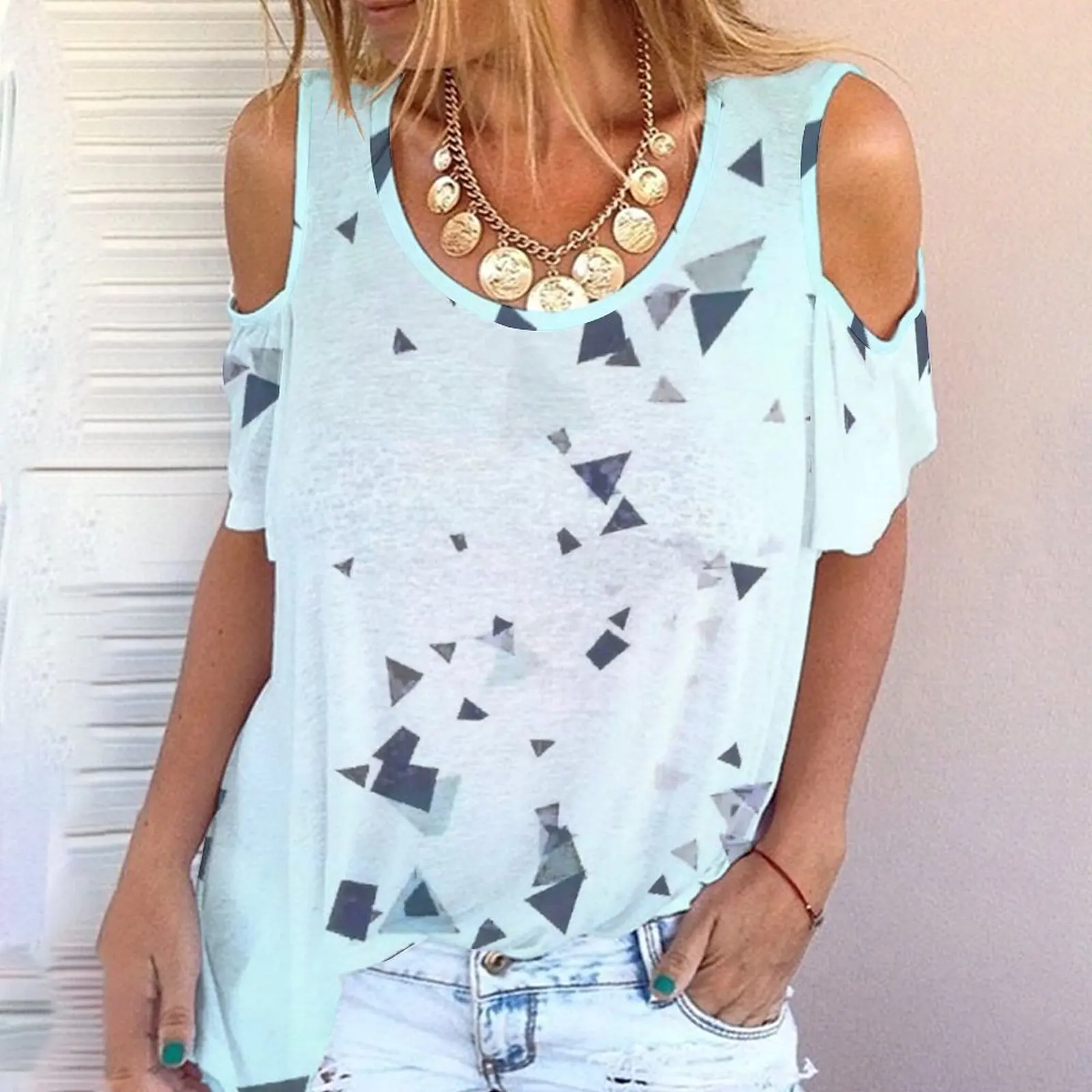 

Женская футболка с открытыми плечами, футболка с геометрическим принтом, круглым вырезом и коротким рукавом, новинка 2022