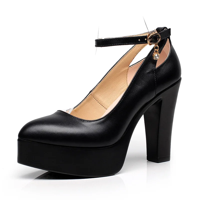 

Plus Size 33-43 Strap Ankle Soft Leather Shoes Woman Block High Heels Mary Janes 2023 Thick Platform Pumps for Model Work Mom