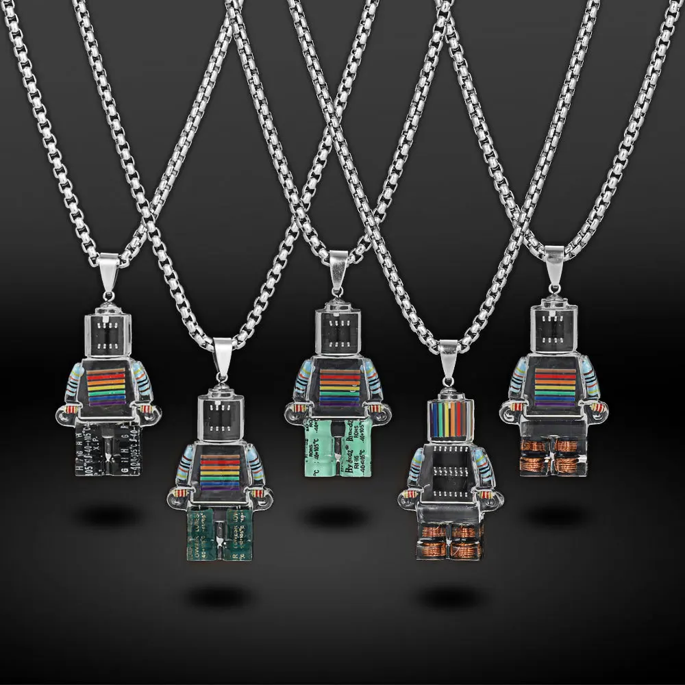 

DIY electronic element robot cartoon pendant resin transparent rainbow color necklace for women hip-hop punk male sweater chain