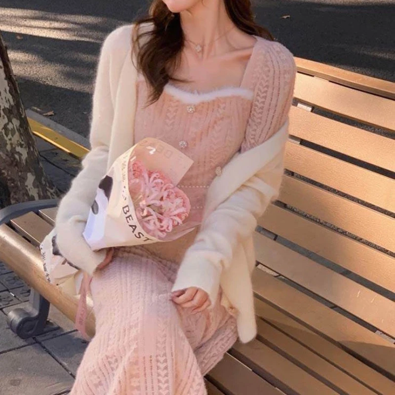 

Fairy Sweater Dress Women Elegant Vintage One Piece Dress Korean Fashion Outwear Casual Fur Knitted Dress Party 2022 Winter Chic