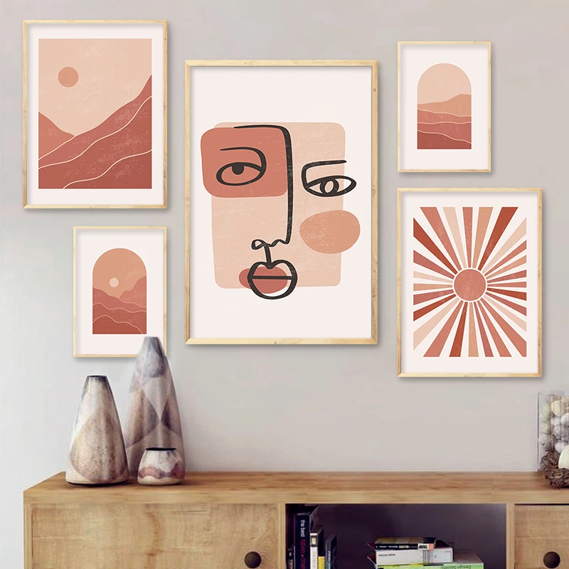 Луна Солнце Гора пейзаж богемный принт плакат искусство абстрактная живопись