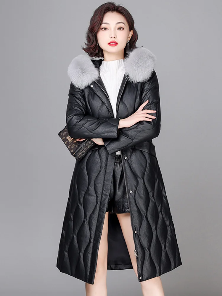 New Women Sheep Leather Down Coat Winter Casual Warm Real Fox Fur Collar Long Leather Down Coats Loose Thick Hooded Outerwear
