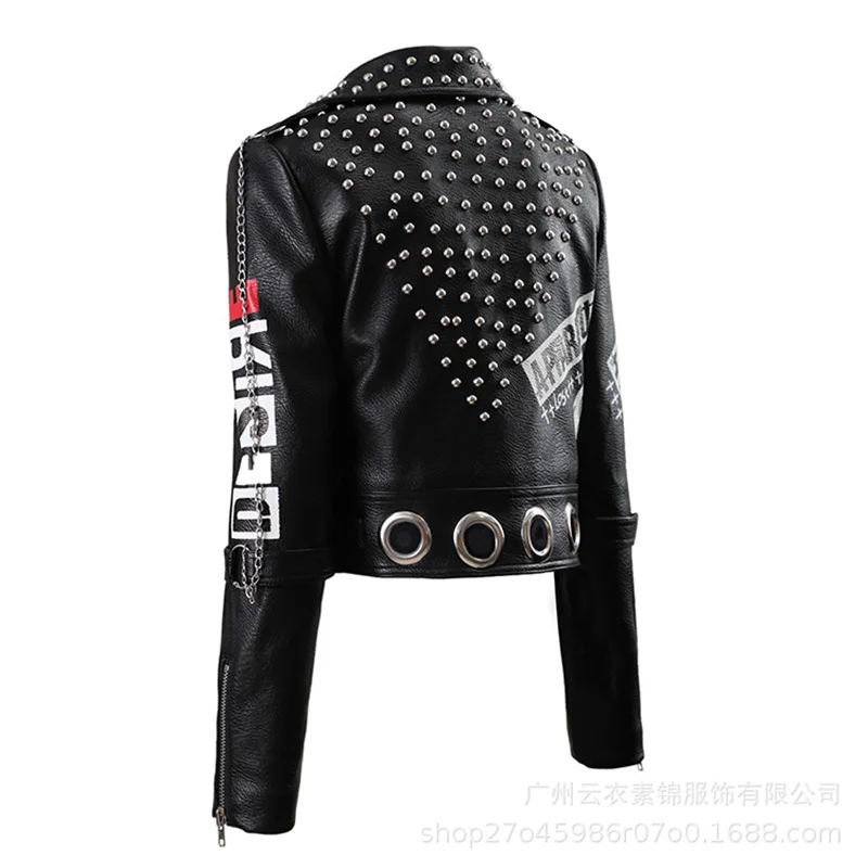 European And American Motorcycle Women'S Leather Coat, Heavy Industry Rivet, Fashion Printing, Punk Rock Jacket, Black, Slim