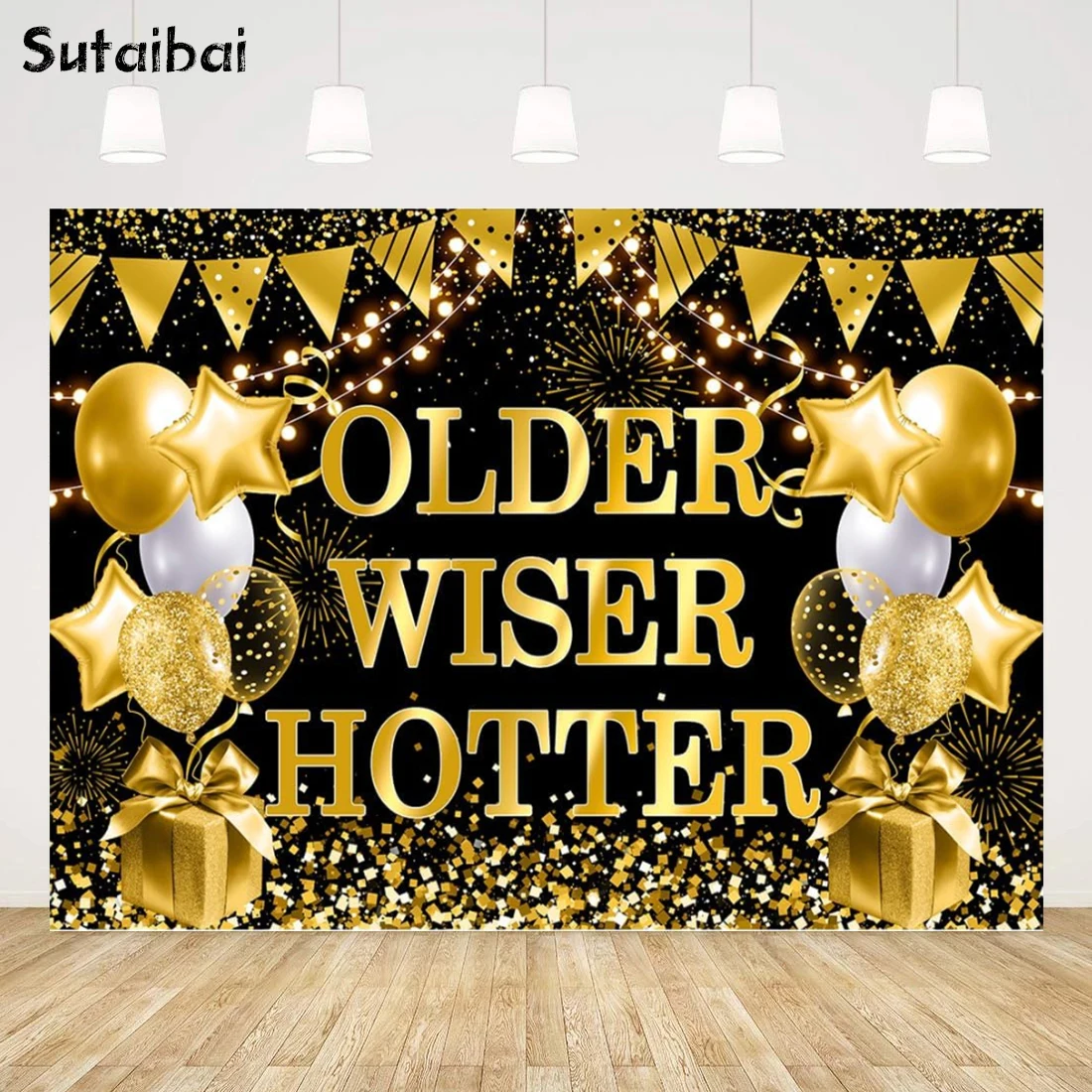 

Older Wiser Hotter Banner Backdrop Funny Birthday Party Decorations for Men Black Gold Glitter Happy Birthday 21st Background