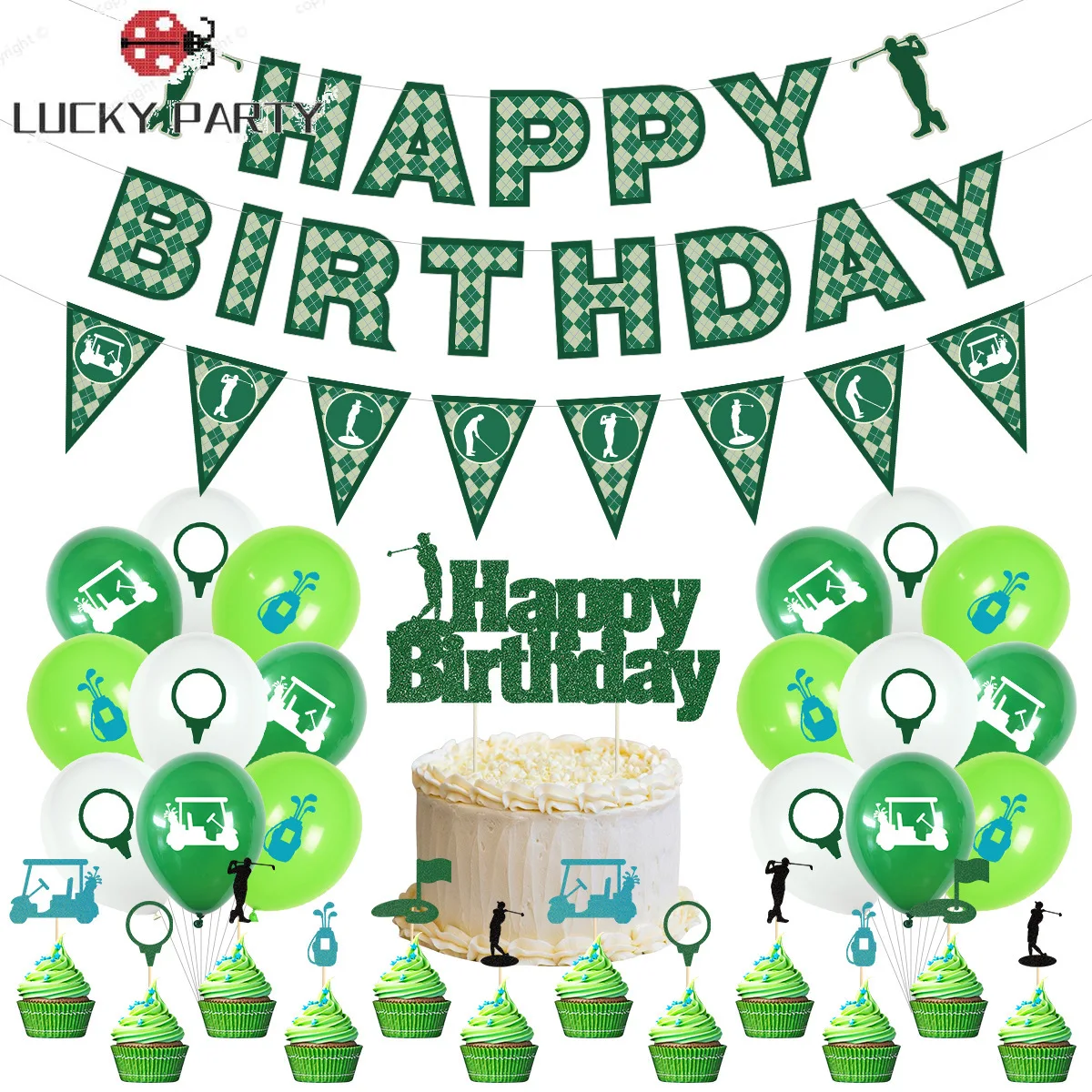 

Golf Teenager Birthday Party Decorations Green Golf Print Balloon for Boys Birthday Supplies with Paper Banner Shape Cake Topper