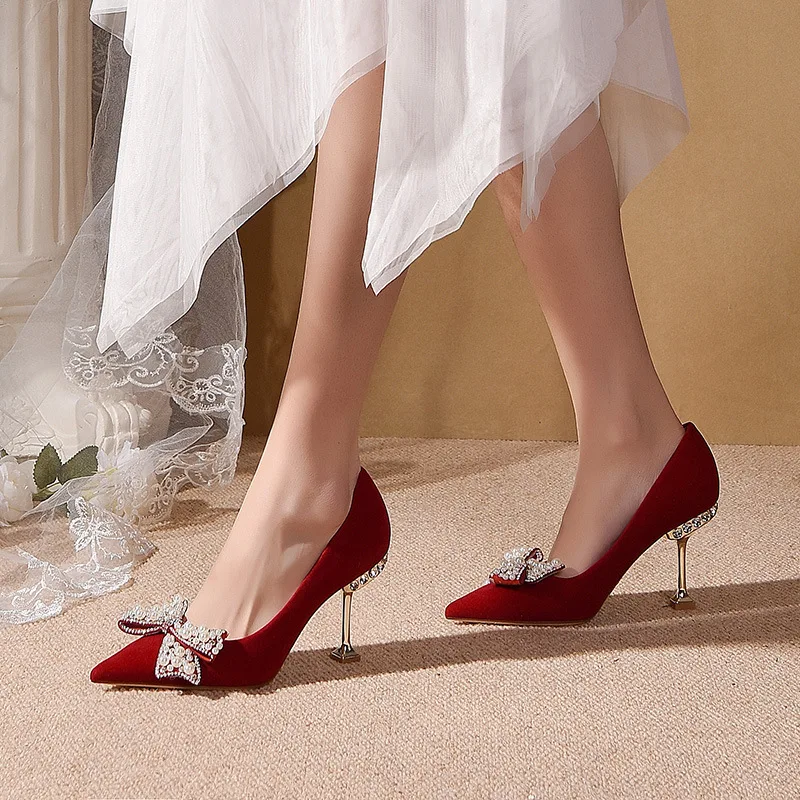 

2022Shoes For Women Fashion Spring Red Sexy Pumps High Thin Heels Crystal Butterfly Knot Elegant Women Dress Party OfficeWeeding