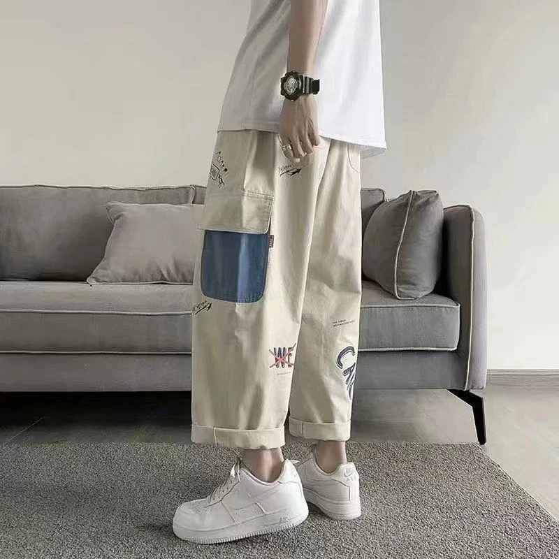 

Khaki Cargo Pants with Print Baggy Loose Casual Trousers Male Summer Cotton Korean Streetweer Harajuku Cartoons Graffiti