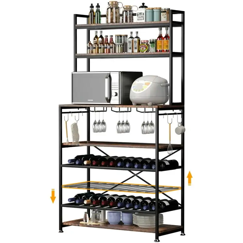 

Baker's Rack, 6-Tier Stand with 6 Hooks,Coffee Station Organizer with Adjustable Wine Rack, Utility Storage Shelf, Brown