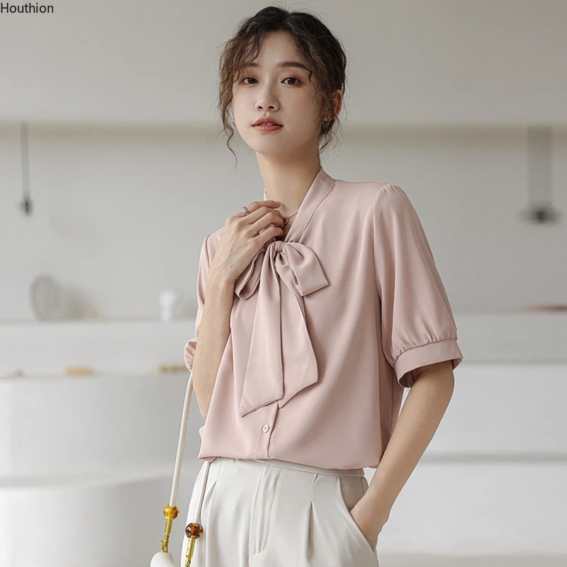 

Chiffon Women's Blouses Fashion Bow Shirt Casual Short Sleeve Top Button Summer Houthion