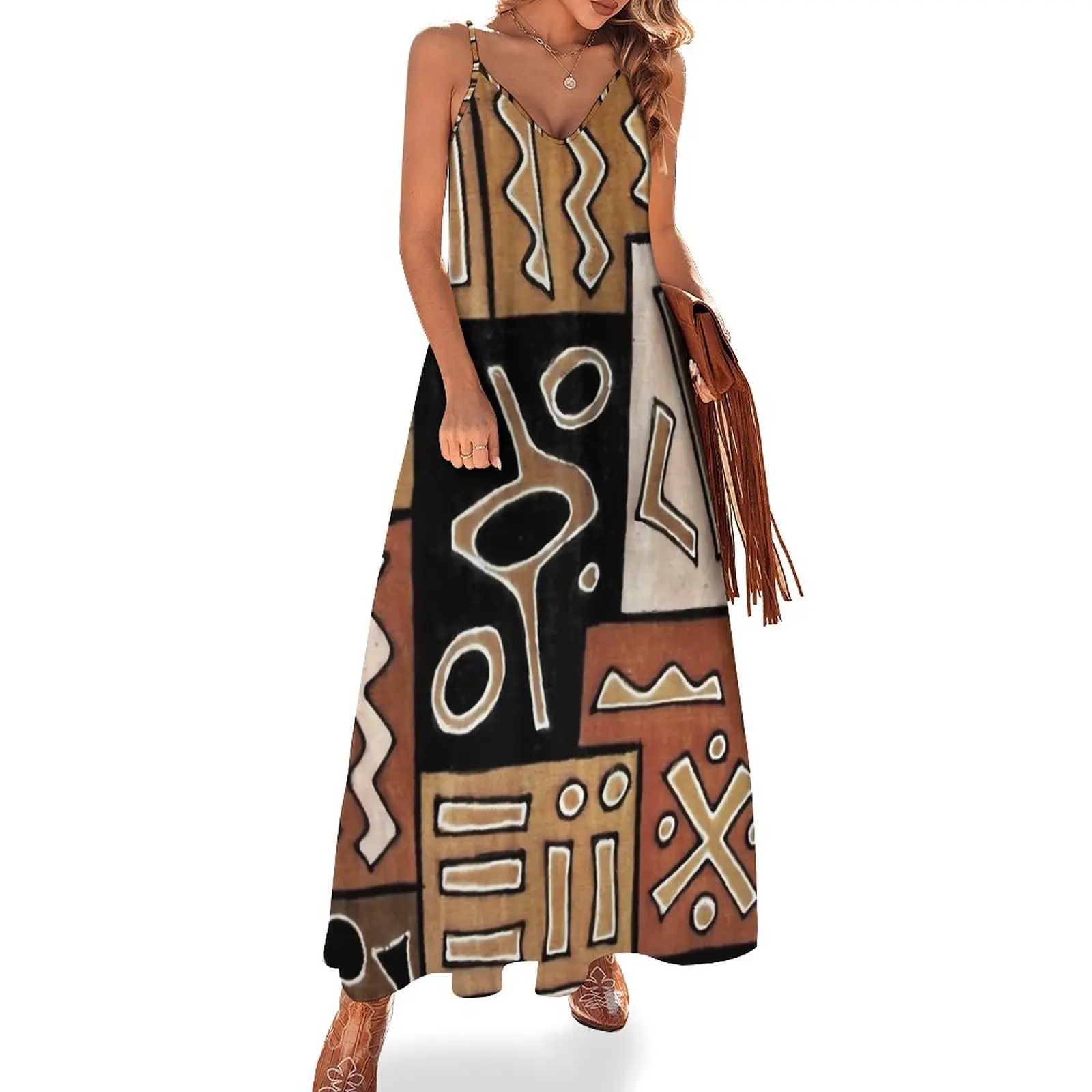 

Платье-макси с этническим принтом, с V-образным вырезом