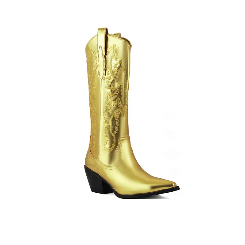 

Women's Large Western Cowboy Boots Gold Embroidered Large Medium Boots Vintage Autumn and Winter Women's Knee High Boots