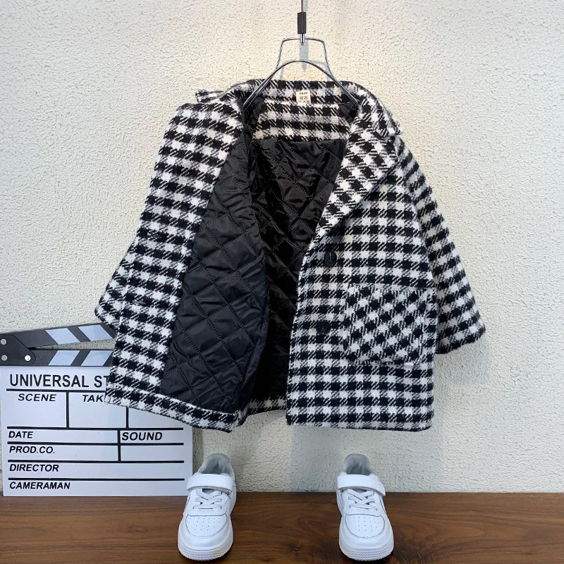 

New Baby Boy Girl Woolen Plaid Jacket Long Double Breasted Warm Child Lapel Tweed Coat Cotton Padded Baby Outwear Clothes 1-10Y