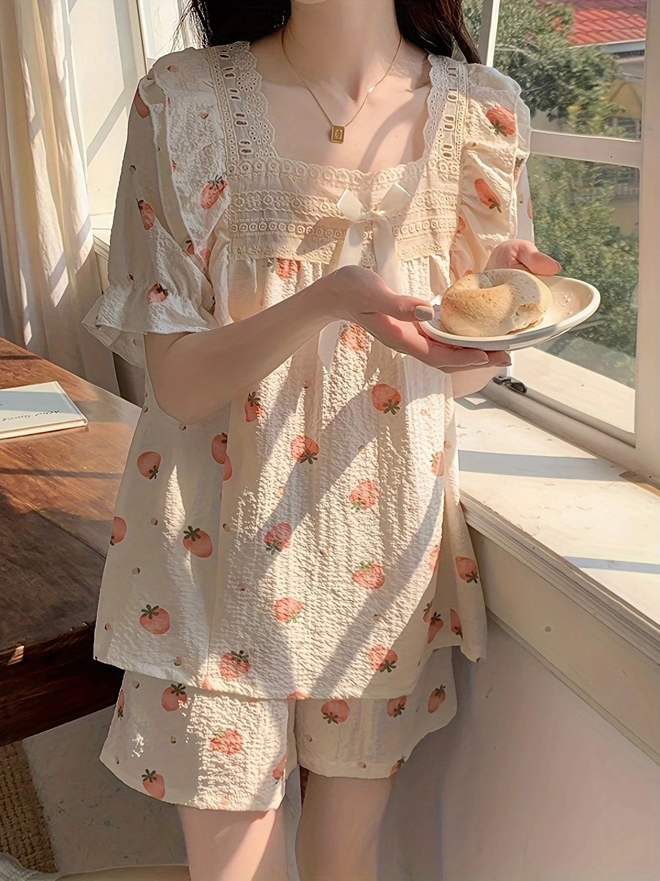 Очаровательный Летний Пижамный Комплект Для Женщин С Клубничным Принтом Топ Из