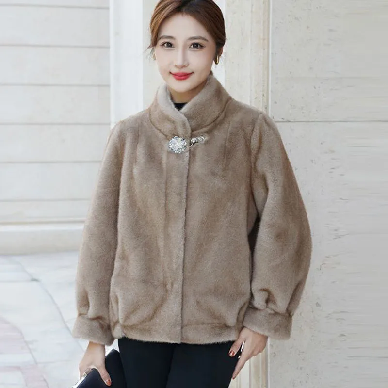 Parkas Women Outdoors Warm Coats Jackets 2022 Winter Faux Fur Mink Velvet Splicing Single Breasted Cardigan Casual Jackets Woman