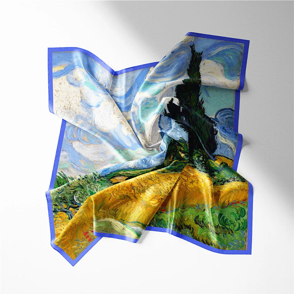 

Женский саржевый шелковый шарф с рисунком Ван Гога, квадратные шарфы с рисунком, бандана, маленький хиджаб, шарфы, повязка на голову, шейный ...