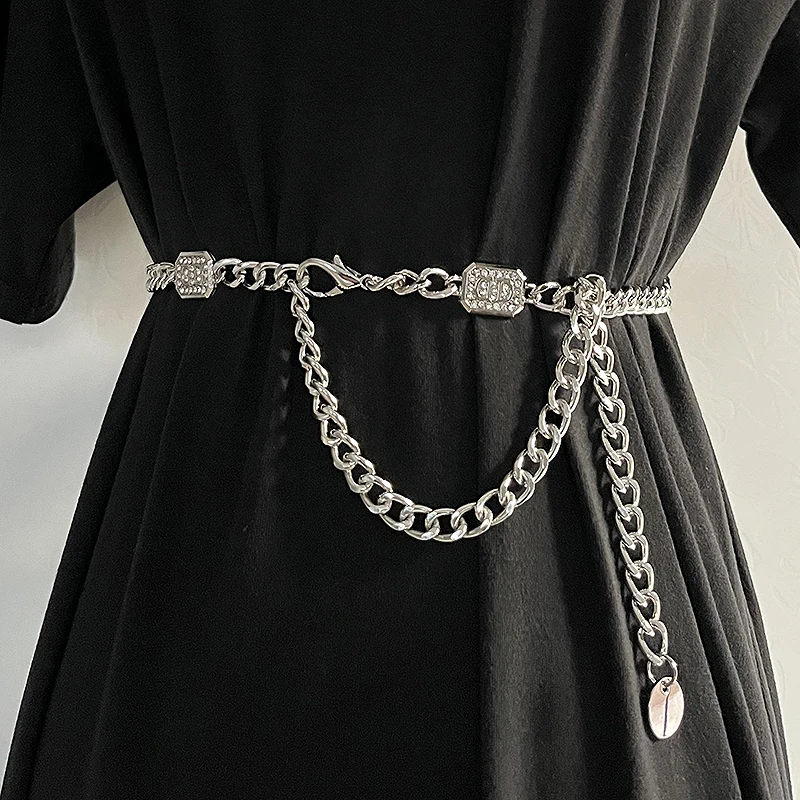 Sliver Rhinestone Chain Waistband Luxury Metal Letter Logo Diamond Waist Chain Decoration Dress Jeans Chain Accessories