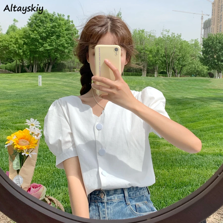 

Puff Sleeve Shirts Women V-neck Thin Summer Elegant Classic Sweet Retro French Style Preppy Young Girlish Holiday Basic Ulzzang