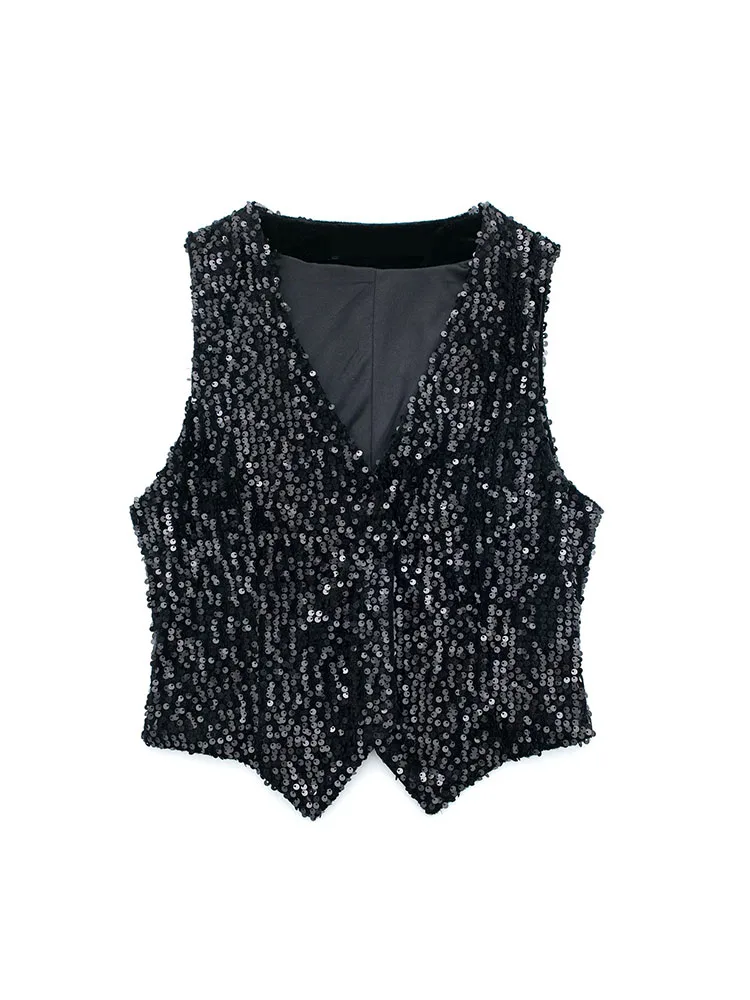 

PB&ZA 4387322 Women 2022 New Fashion Bead flake decorate velvet Cropped Vest Sleeveless V Neck Female Waistcoat Tops 4387/322