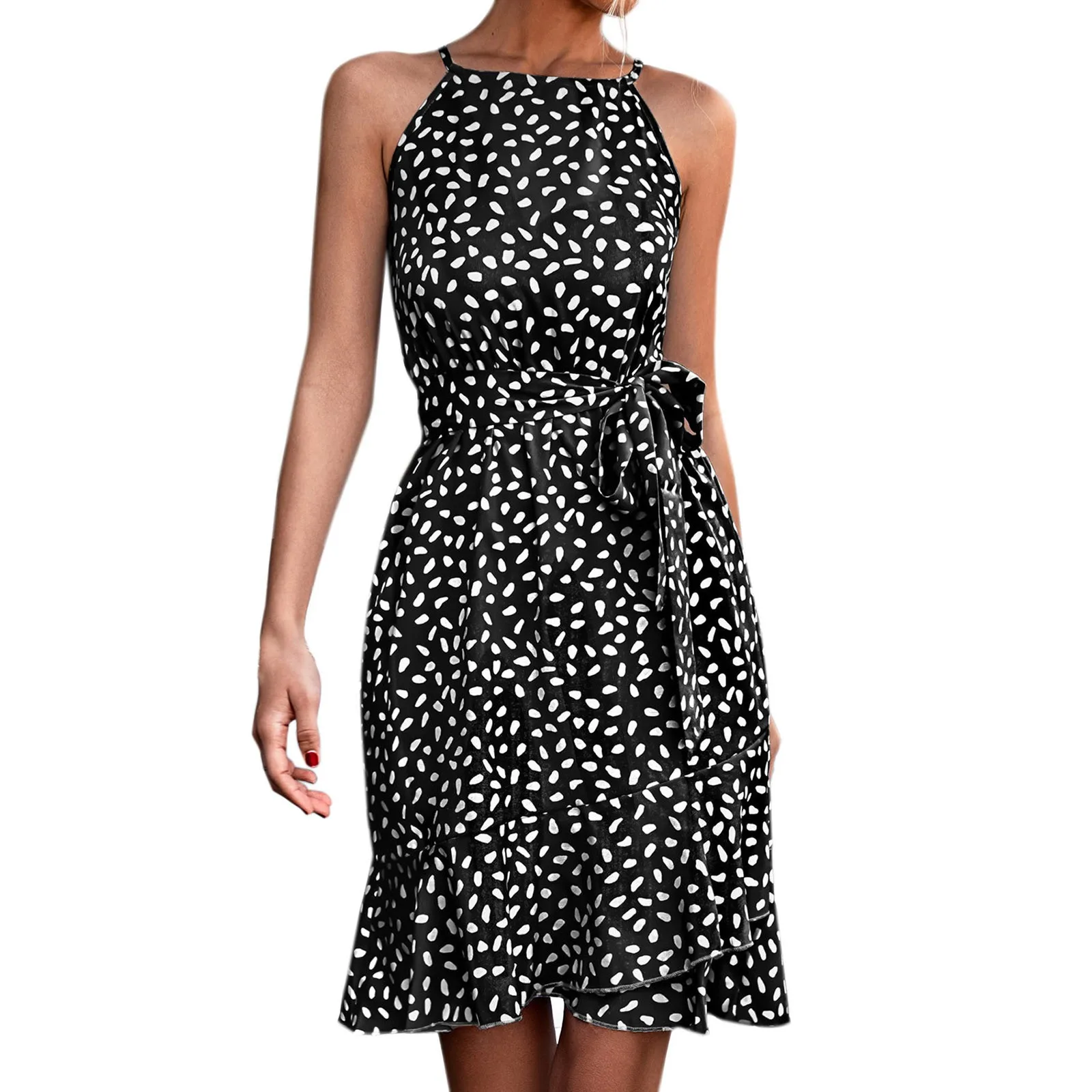 

Women's Sexy Hang Neck Irregular Lace Belted Waist Dress Womens Short Sleeve Dresses Casual Summer Dress Casual