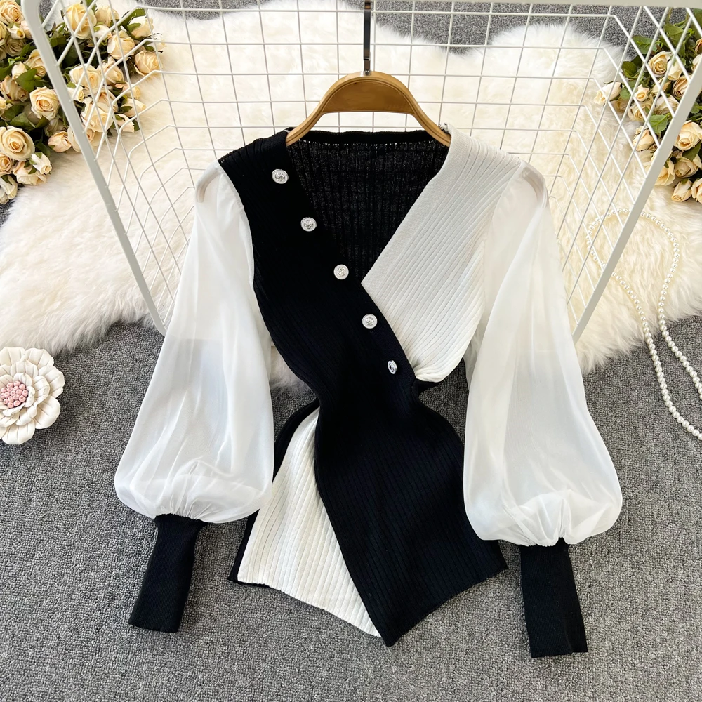 

Clothland Women Elegant Knitted Patchwork Blouse V Neck Long Mesh Sleeve Spliced Buttons Retro Casual Shirt Tops LA675