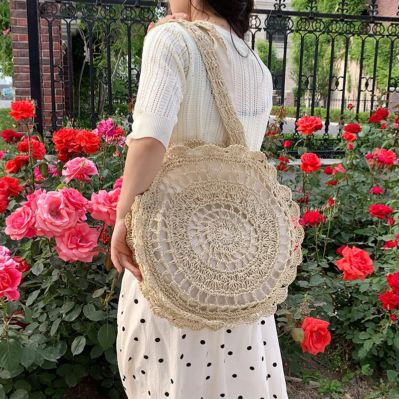 Striped Beach Straw Bag Large Capacity Shoulder Bag For Women Handmade Woven Handbag Raffia Rattan Bag Vacation Casual Tote Bag