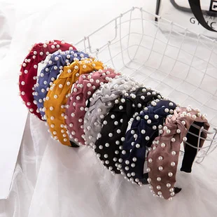 

New Fashion Women Wide Side Headband Pearls Knotted Hair Band For Adult Girls Headwear Solid Color Retro Hair Accessories