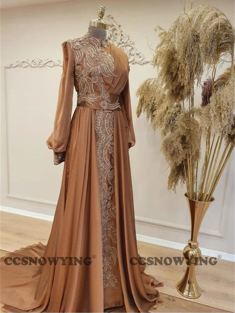 

Шифоновая аппликация хиджаб мусульманские Вечерние платья с высоким воротником с длинным рукавом исламское официальное платье для женщин