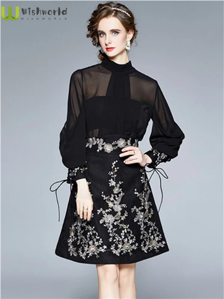 

2022 New Lady Bowknot Collar Shirt Court Embroidery Sequins Wind Restoring Ancient Ways a Word Skirt of Tall Waist Dress