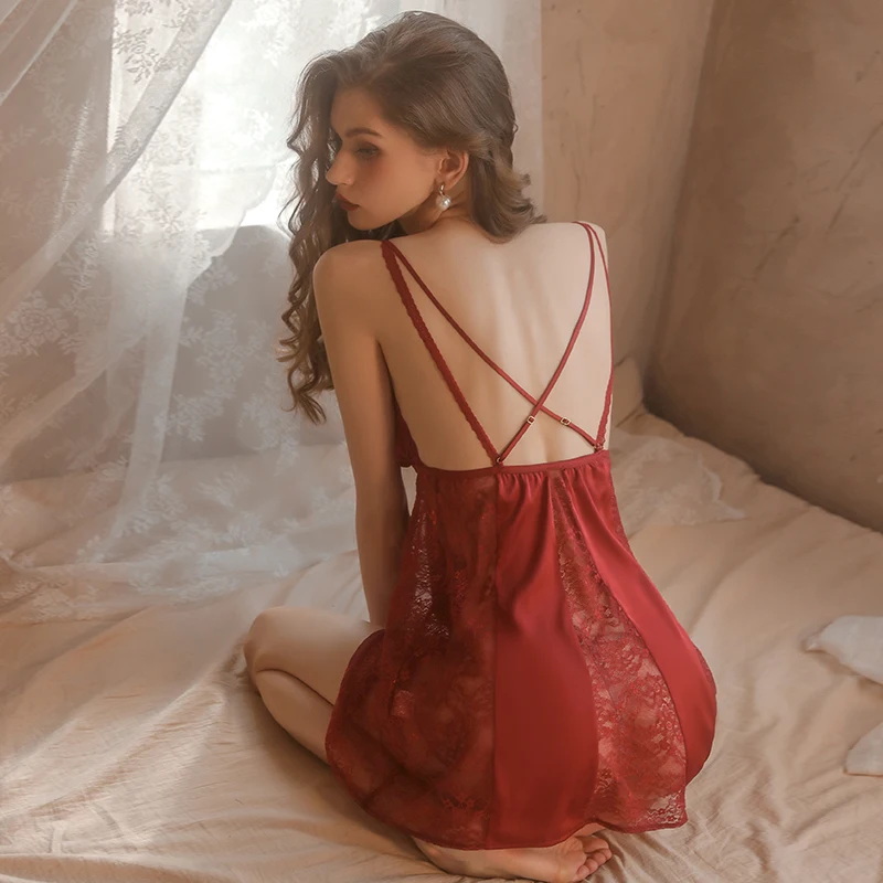 Women Pajamas Sexy Nighty Dress Nightgowns Women Lace Nightwear Women's Pajamas Night Skirt Long Robe Sexy Lace Slip Dress  Set