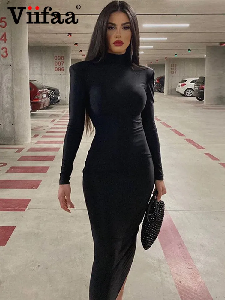 

Viifaa Mock Neck Shoulder Pad Elegant Black Bodycon Dresses Fall Outfits Women 2022 Winter Long Sleeve Slim Fit Midi Dress