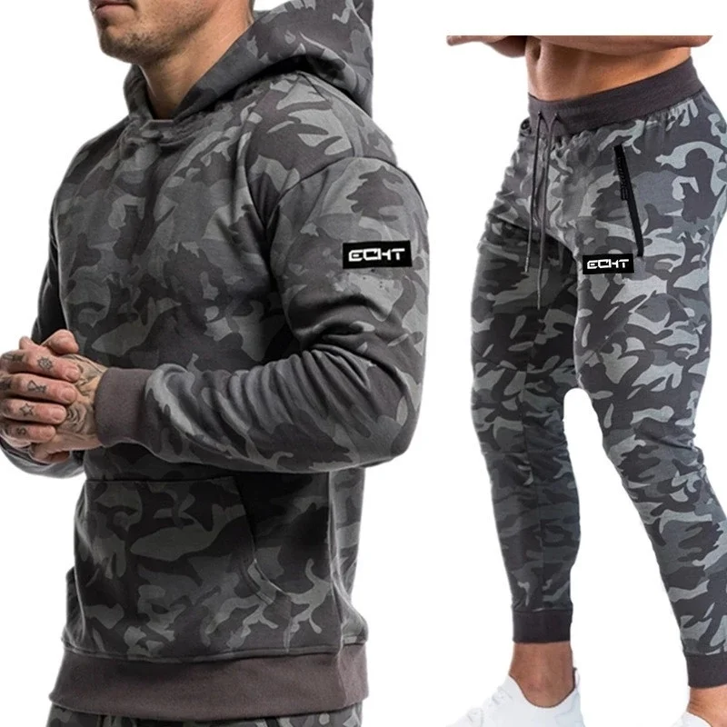 

2023 NEW Sports suits Men's Sets Brand Fitness Suits autumn Long Slve Camouflage Hoodies+Pants Gyms Running Sportswear Suit