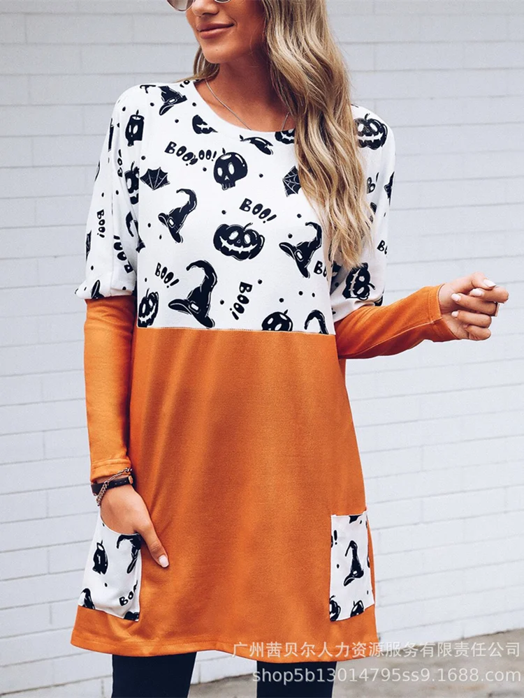 

Mandylandy Women Elegant Autumn Pumpkin Lantern Print Shirt Top Fashion Casual Long Sleeve O Neck Pocket T-shirt Streetwear