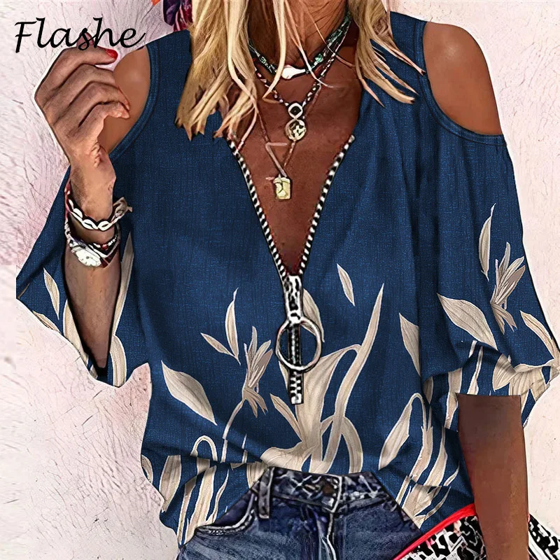 Блузка женская с открытыми плечами V-образным вырезом и винтажным принтом |