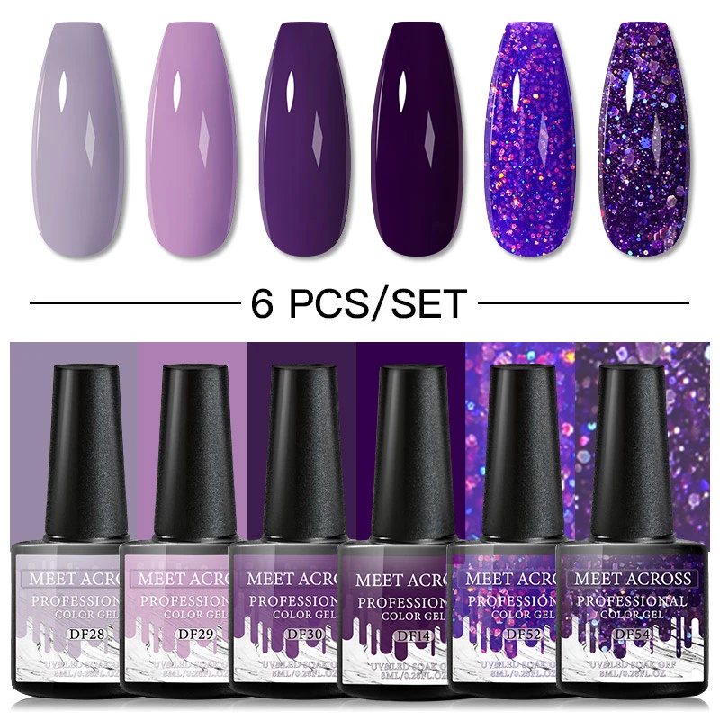 

6/4 Pcs Gel Nail Polish Set Purple Glitter Semi Permanent Hybrid Gel Varnishes Soak Off UV Led Base Top Coat Nail Art Gel Kits