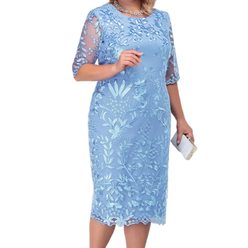 

Plus Size 4Xl 5Xl Women Summer Autumn Dress Elegant Lace Dress Female Blue Evening Party Dresses Big Size Curvy Cocktail Vestido