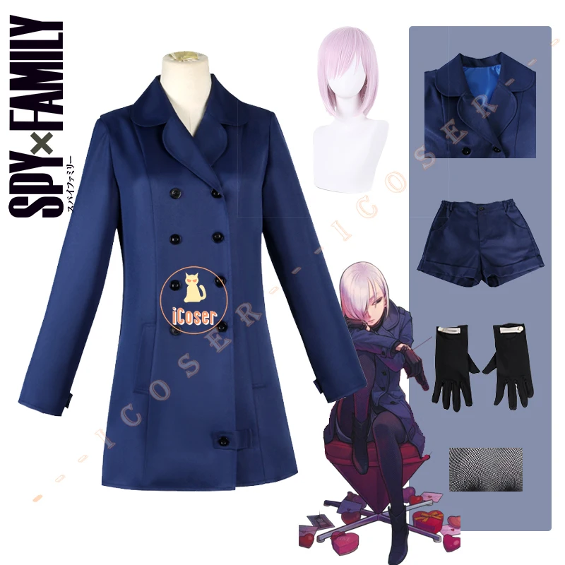 

Anime Spy X Family Fiona Cosplay Frost Costume Forger's Wig Dark Coat Loid Blue Duffel Nightfall Assistant Twilight Women Outfit