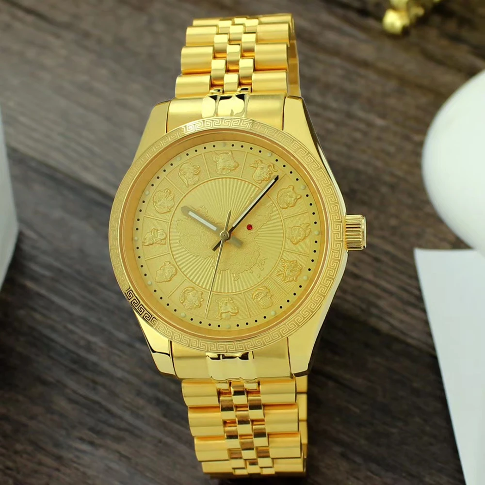 

Технические автоматические Золотые механические наручные часы 41 мм Китай 12 часы со знаком зодиака Miyota механизм 5 бар водостойкие