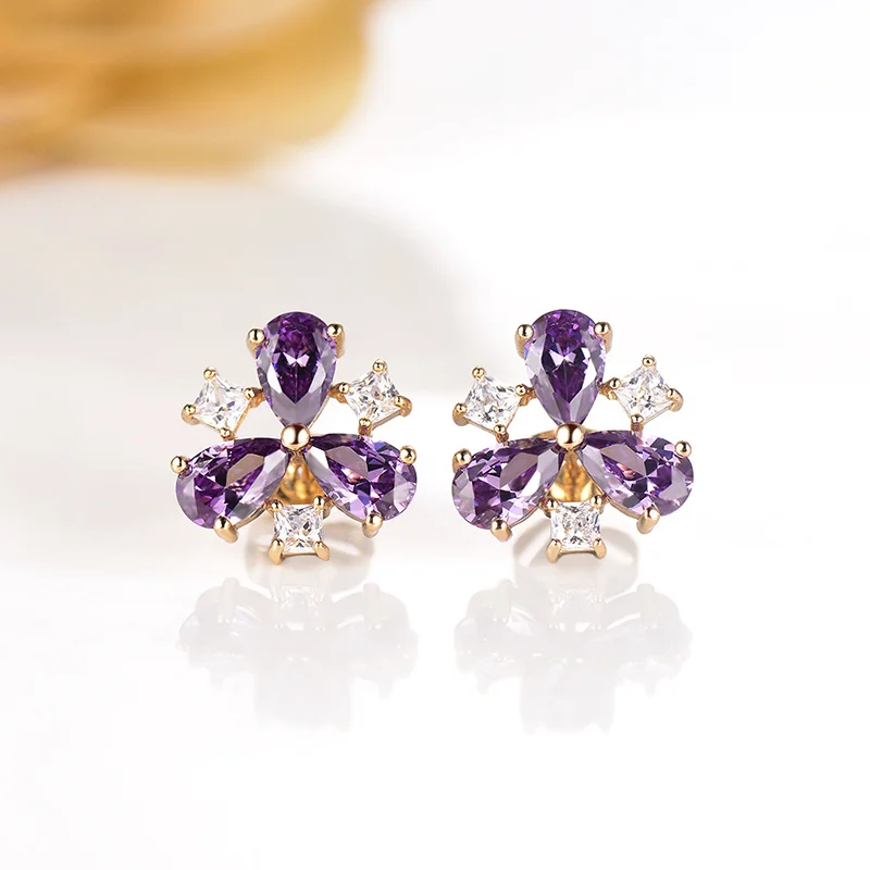 Женские серьги-гвоздики с трехлепестками серьги золотого цвета фиолетовым