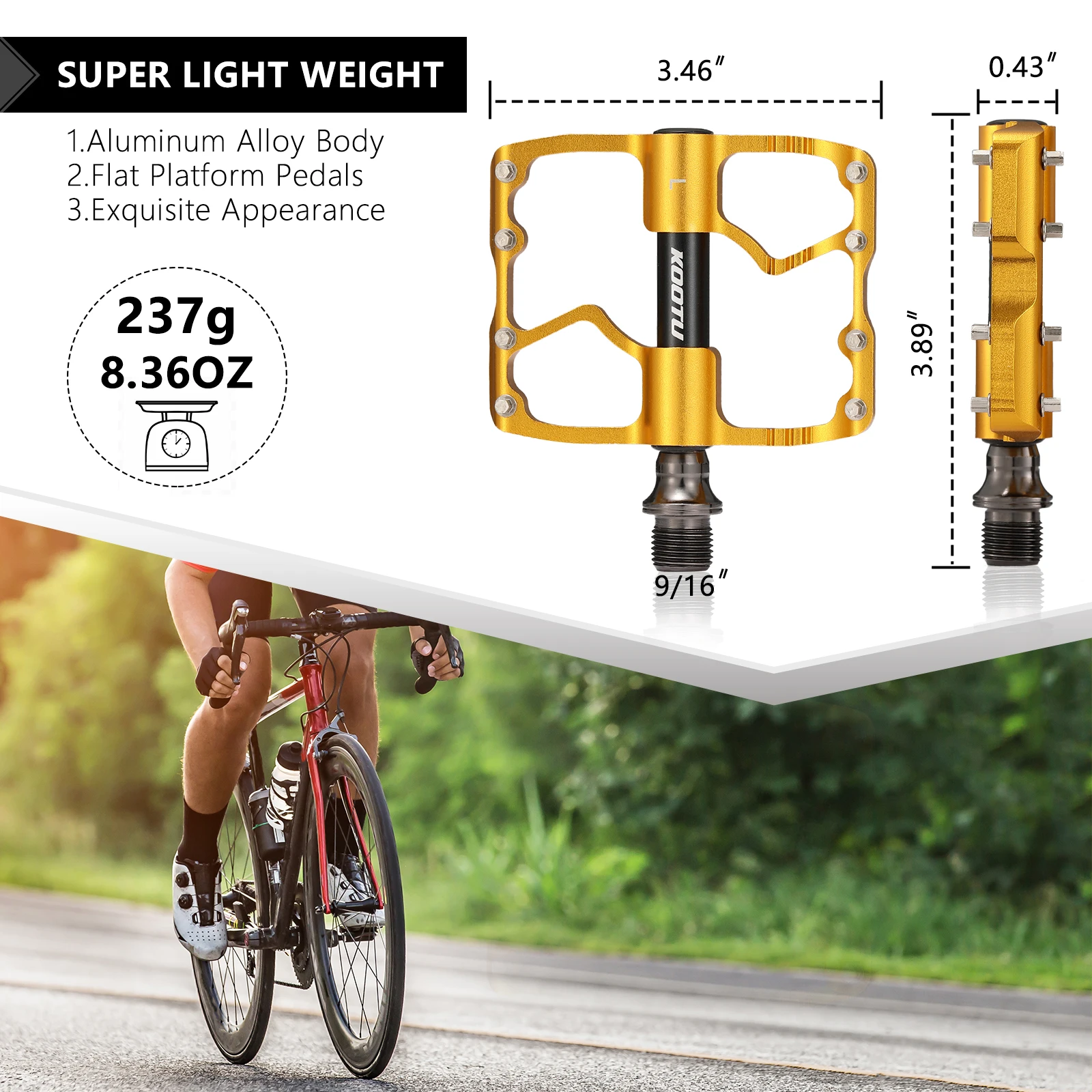 KOOTU mountain bike pedals with 3 sealed bearings universal 9/16 mountain bike light weight bike pedals gold bearing pedals