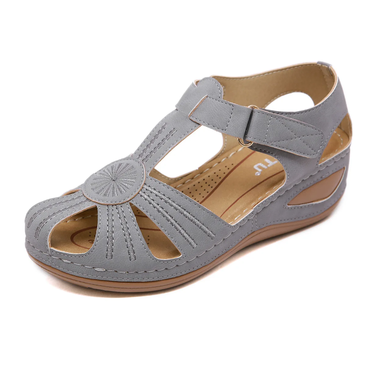 

SIKETU Brand Casual Summer Retro Wedge Sandals Sewing Thread Hook Loop Buckle An-ti Skid Shoes Closed Toe T-strap Chunky Soft 44