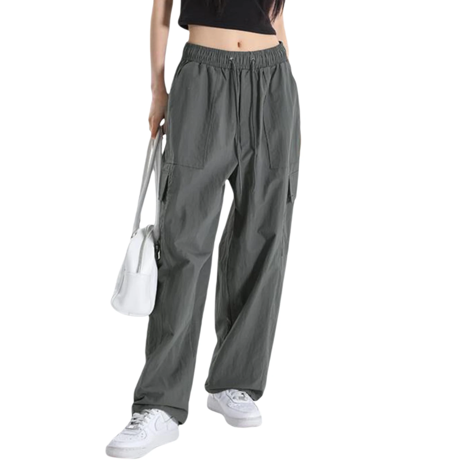 

Брюки-карго Женские однотонные с эластичной заниженной талией, Модные свободные штаны с боковыми карманами, уличная одежда, повседневные штаны