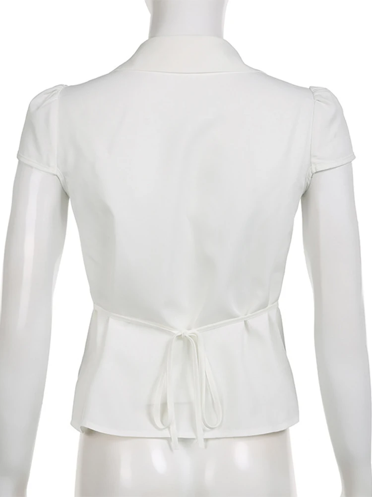 Женская Винтажная футболка на пуговицах белая Повседневная с коротким рукавом и