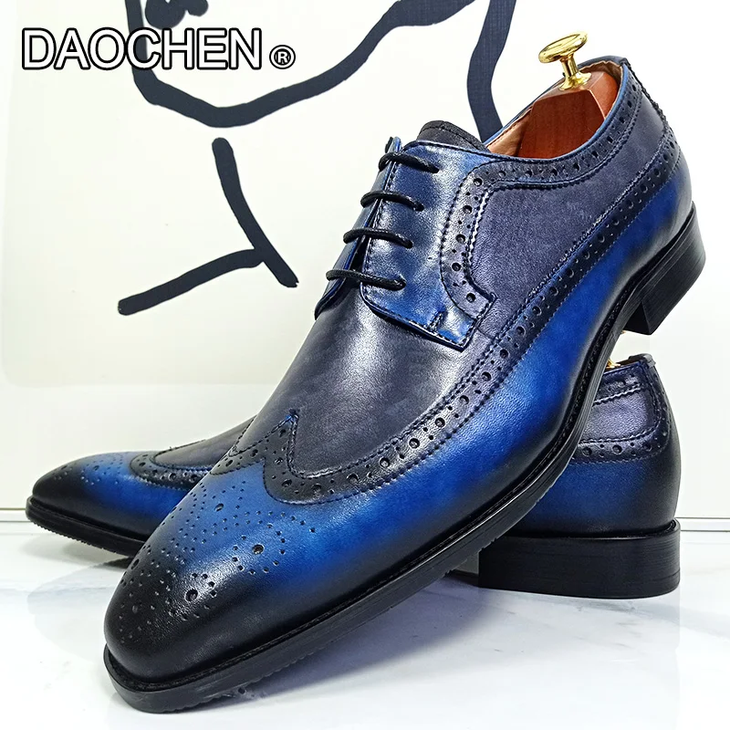 LUXURY CASUAL MEN LEATHER SHOES BLACK BLUE LACE UP POINTED TOE BROGUE DERBY OXFORDS MAN SHOE WEDDING OFFICE FORMAL SHOES FOR MEN