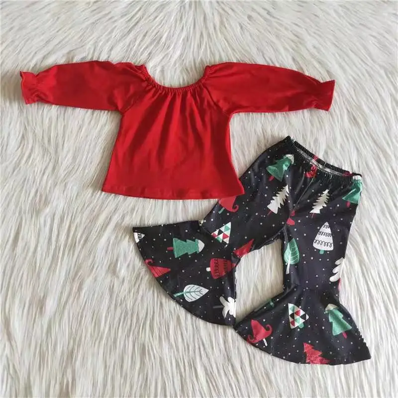 

2022 Рождественский бутик осенне-зимняя одежда для девочек с рисунком деревьев с длинным рукавом модные штаны с колокольчиками комплекты дет...