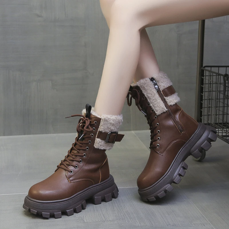 Thick Soled Leather Ankle Boots Women's 2023 New Lace Up Thickened Thermal Short Boots Women's Thick Soled Winter Shoes Women's