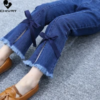 new 2022 kids fashion solid jeans flared trousers girls bowknot denim pants baby girls spring autumn jeans long pants clothing